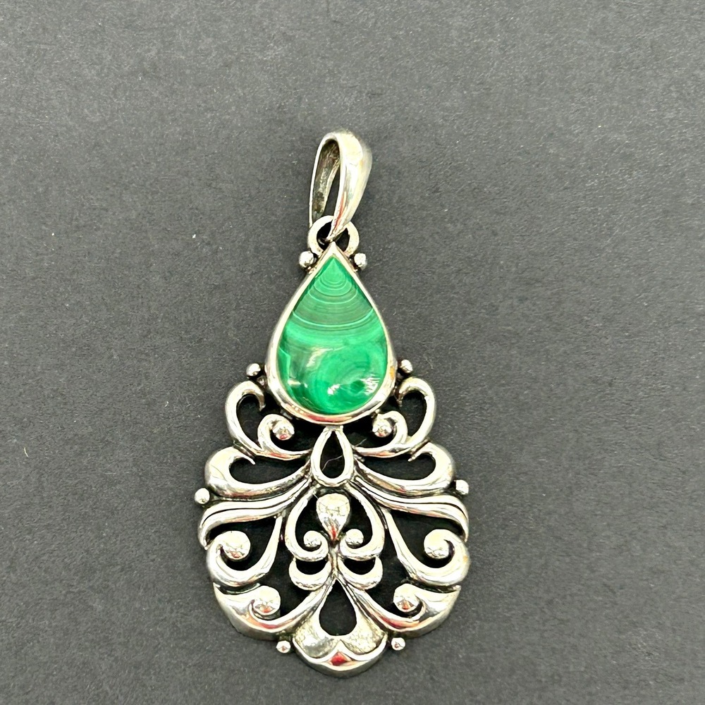 Vintage 925 Sterling Silver Malachite Teardrop Stone Filigree Pendant Thailand